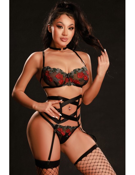 Ensemble lingerie 5 pièces vert et rouge - J Lingerie